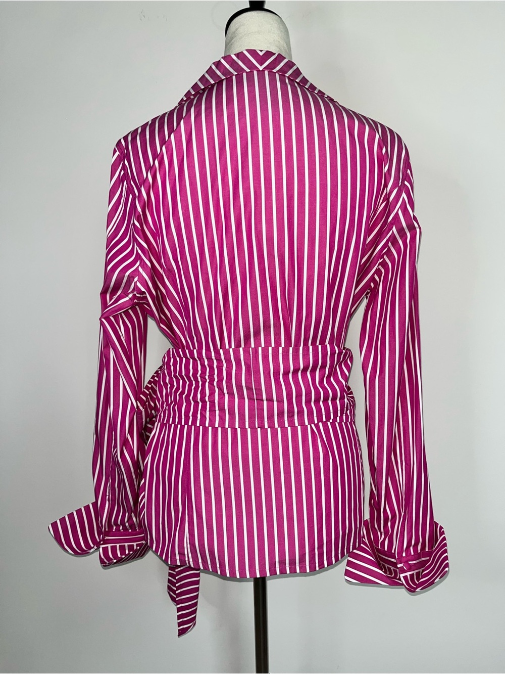 J. Peterman Pink White Stripe Shawl Collar Wrap Blouse Tie Waist Sz 16 Coastal - Picture 5 of 13